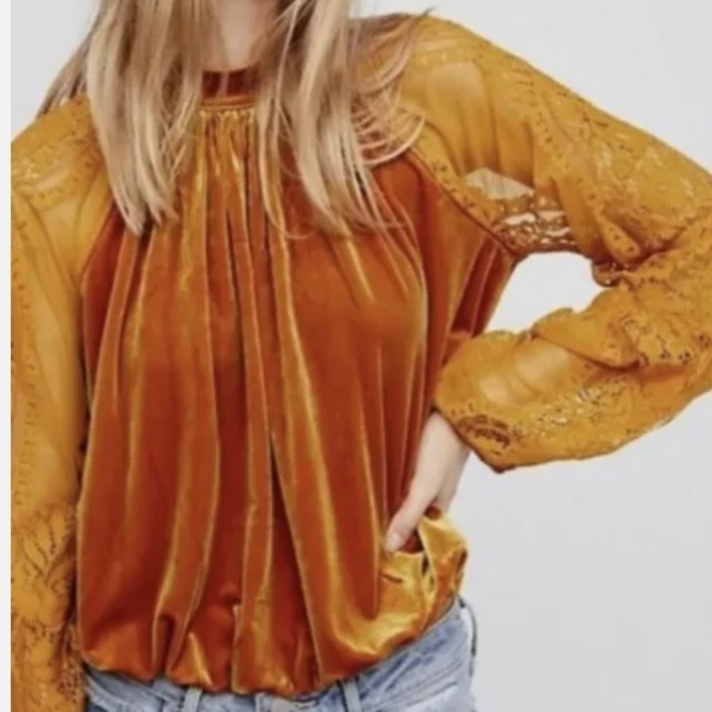 free people Yellow Velvet and Lace Top